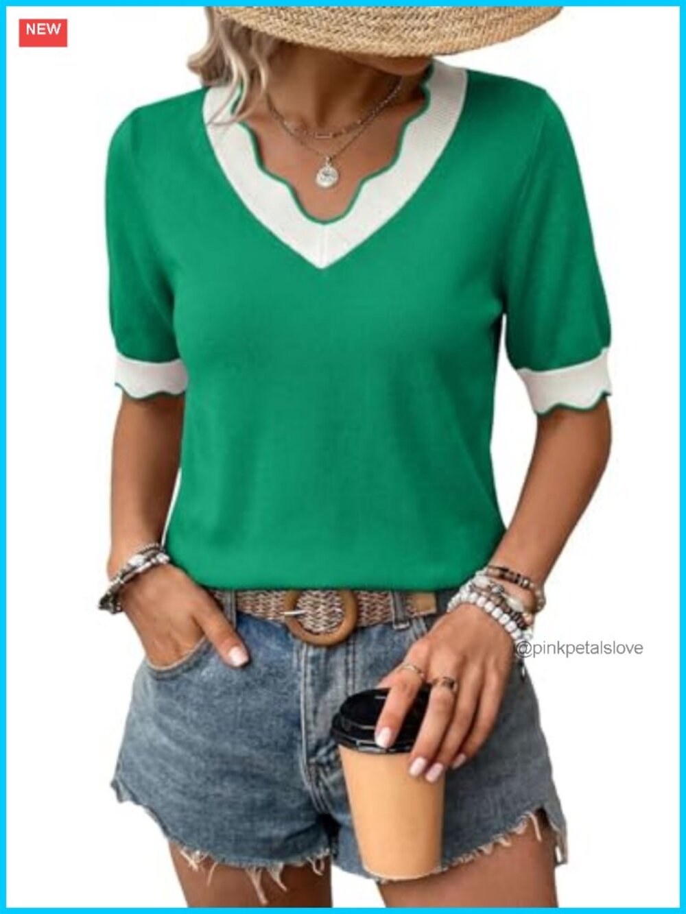 V Neck Short Sleeve Sweater Scalloped Hem Knit Top
